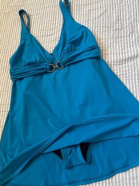 Michael Kors Blue V-Neck Swim Suit with Logo Skirt One Piece Size 10